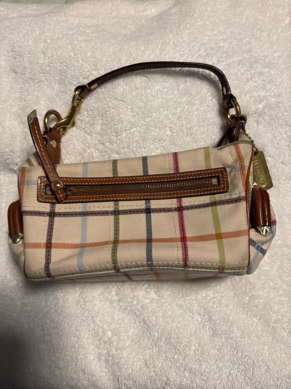 Coach Multicolor Plaid Mini Shoulder Bag with Brown Leather Trim